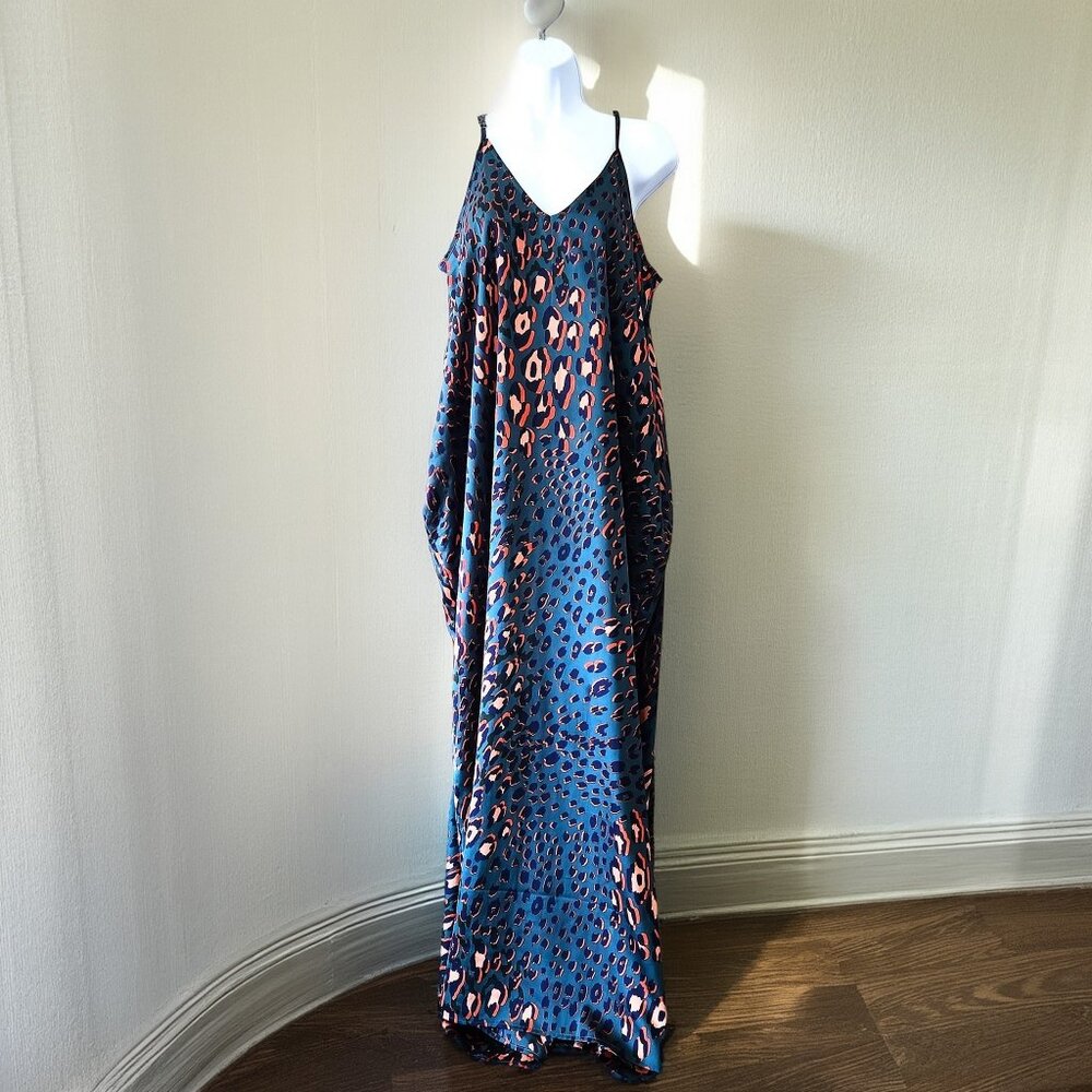 Satin Leopard Print Maxi Dress with Pockets, Slouchy Spaghetti Strap Slip Dress